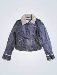 Brown Leather Jacket with Shearling Collar and Cuf..