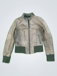 Taupe Leather Jacket with Green Ribbed Accents