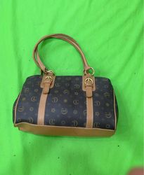 Brown and tan monogrammed handbag