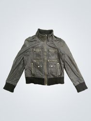 RED SKINS Black Leather Jacket with Ribbed Cuffs a..