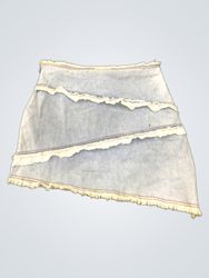Light Wash Denim Mini Skirt with Lace Trim and Fra..