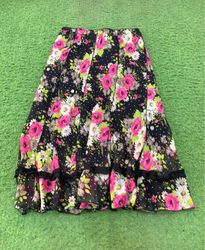 Black floral print midi skirt with ruffle trim