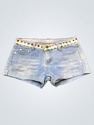 Denim Shorts with Embellished Pockets and Colorful..