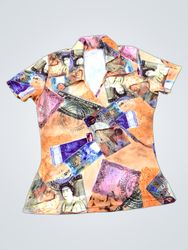 Collared Short Sleeve Shirt with Currency and Stam..