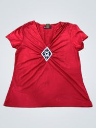 Red V-Neck Top with Embellishment