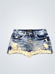 Magiclure Jeans Wear Denim Skirt with Lace and Pea..