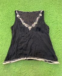 Elie Tahari Black Embroidered V-Neck Tank Top