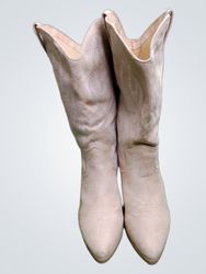 Beige Suede Cowboy Boots with Rhinestone Embroider..