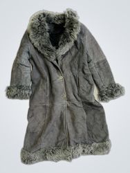 Gray Fur-Trimmed Suede Coat