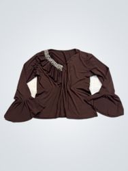 Brown Long-Sleeve Top with Ruffled Details