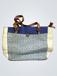 Tote bag with blue and cream panels and leather st..