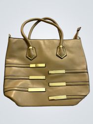 Tan tote handbag with gold accents