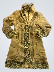 Brown Suede Coat with Fringed Trim and Hood