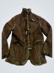 Brown Suede-like Jacket with Faux Fur Trim and Tog..