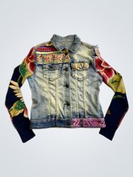 Denim Jacket with Embroidered Floral Sleeves