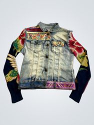 Denim Jacket with Embroidered Floral Sleeves