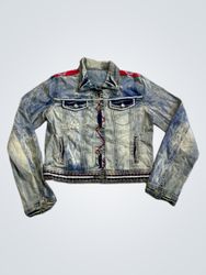 Denim Jacket with Red and White Geometric Pattern
