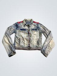 Denim Jacket with Red and White Pattern