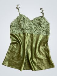 Green Satin Cami with Lace Trim