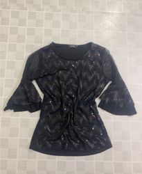sure black sequined zigzag pattern bell sleeve top