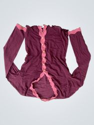 Maroon Long Sleeve Button Up Top with Pink Lace Tr..