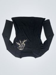 Black long-sleeve top with beaded floral embellish..