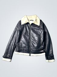 Black Faux Leather Aviator Jacket with White Sherp..