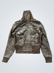Brown Faux Leather Bomber Jacket with High Neck
