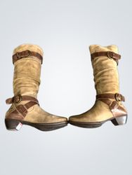 Women's Brown Suede Tall Boots with Buckle Detail