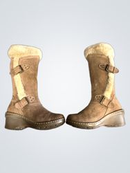 Brown Suede Wedge Boots with Fur Trim