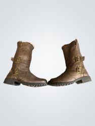 Brown Faux Leather Boots with Buckle Detail