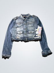 Akdmks Denim Jacket with Lace Trim and Graphic Pri..