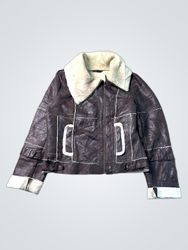 Brown Faux Leather Aviator Jacket with Sherpa Coll..