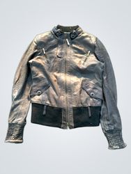 Brown Leather Bomber Jacket with Smocked Cuffs