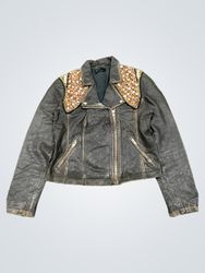 Black Leather Biker Jacket with Embellished Should..