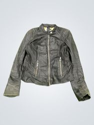Black Leather Jacket with Postage Stamp Lining