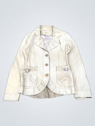 Beige jacket with button closure and pocket detail..