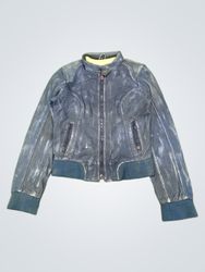 Blue Leather Bomber Jacket