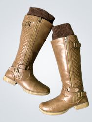 Brown Quilted Knee-High Boots with Zipper and Buck..