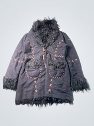 Black Coat with Fur Trim and Decorative Stitching