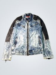 DJ PLUS Acid Wash Denim Jacket with Faux Leather S..
