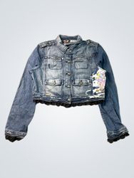 Akompliks Denim Jacket with Lace Trim and Graphic ..