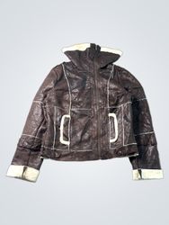 Brown Faux Leather Jacket with White Trim