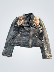 Black Leather Jacket with Embellished Collar
