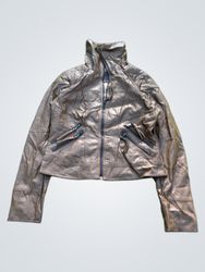 Brown Faux Leather Jacket with Leopard Print Linin..
