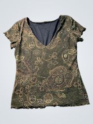 Green Paisley Print Lettuce Hem V-Neck Top