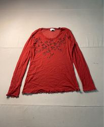 Di Bari Red Embellished Long Sleeve Top