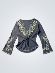 Grey Long Sleeve Top with Green Embroidery