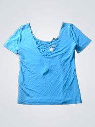 T-shirt blu con corsetto frontale e schiena incroc..