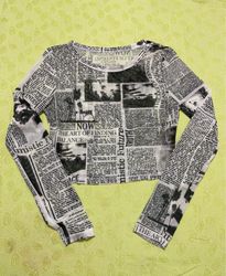 Printed Newspaper Long Sleeve Crop Top